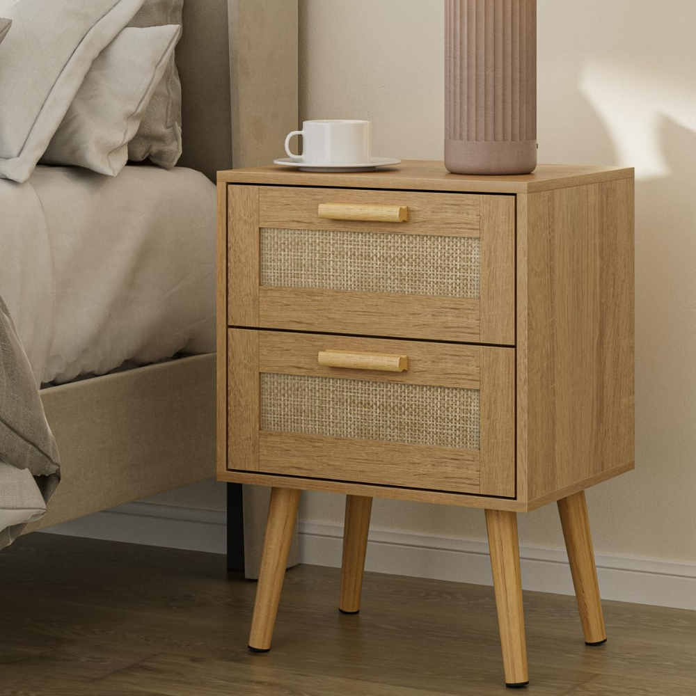 Boho Rattan Nightstand with 2 Woven Drawers | Natural Bedside Table