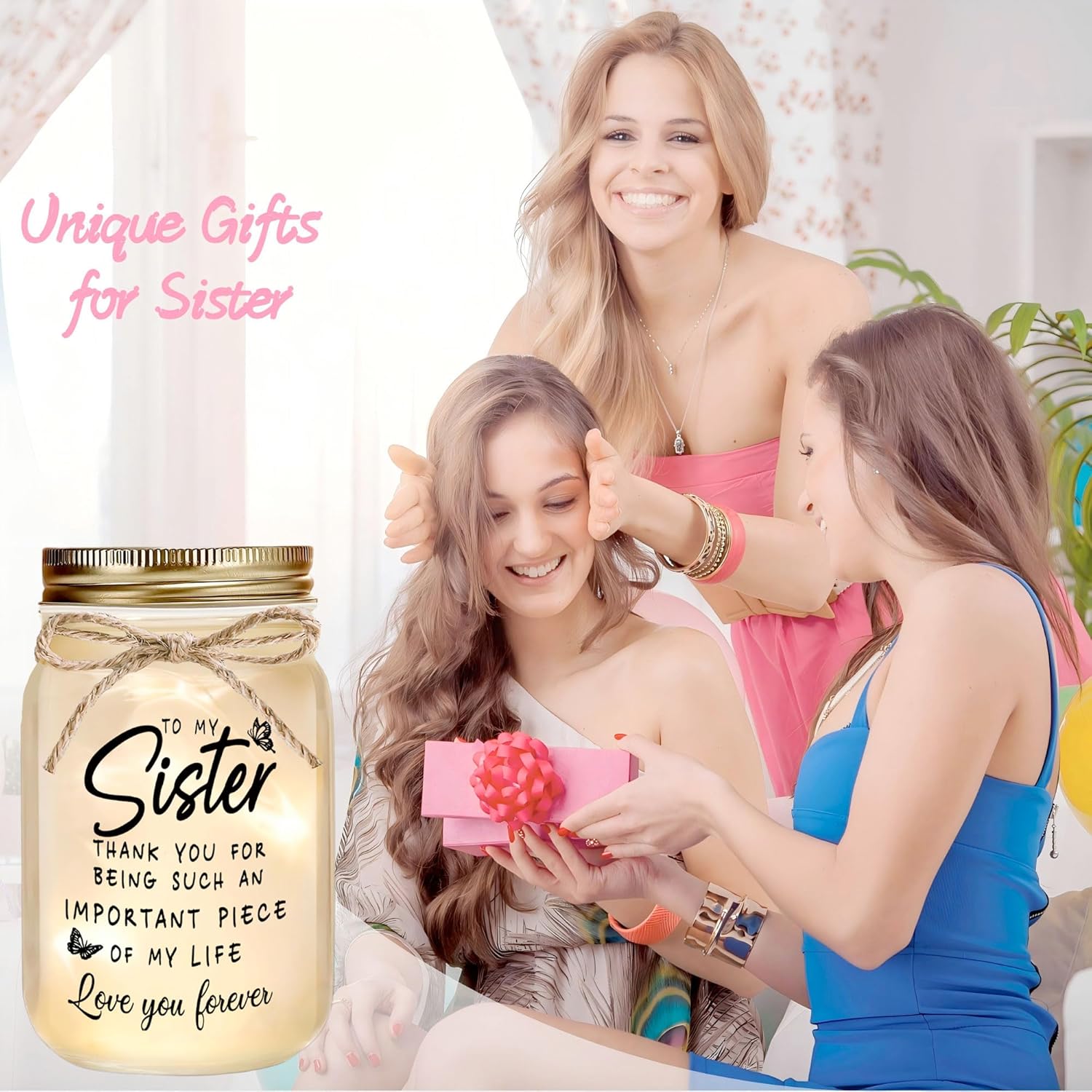 Sisters Gifts from Sister - Decorative Mason Jar with Warm Glow, Unique Gifts for Sister, Birthday Christmas Thanksgiving Day Gift for Best Sisters