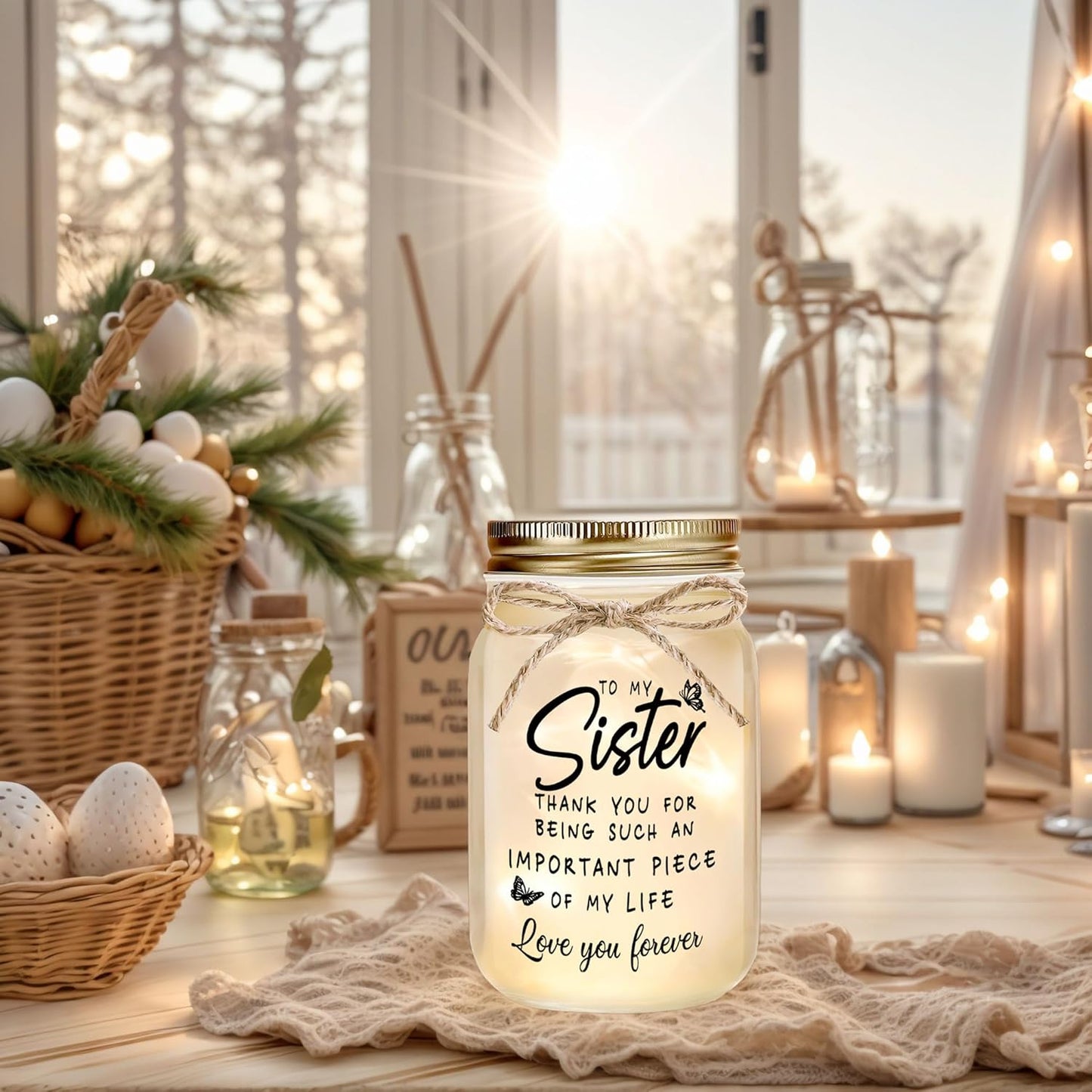 Sisters Gifts from Sister - Decorative Mason Jar with Warm Glow, Unique Gifts for Sister, Birthday Christmas Thanksgiving Day Gift for Best Sisters