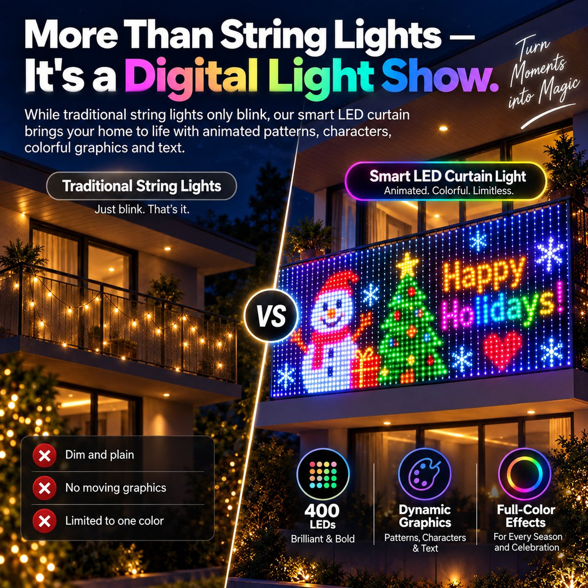 LED curtain with festive display